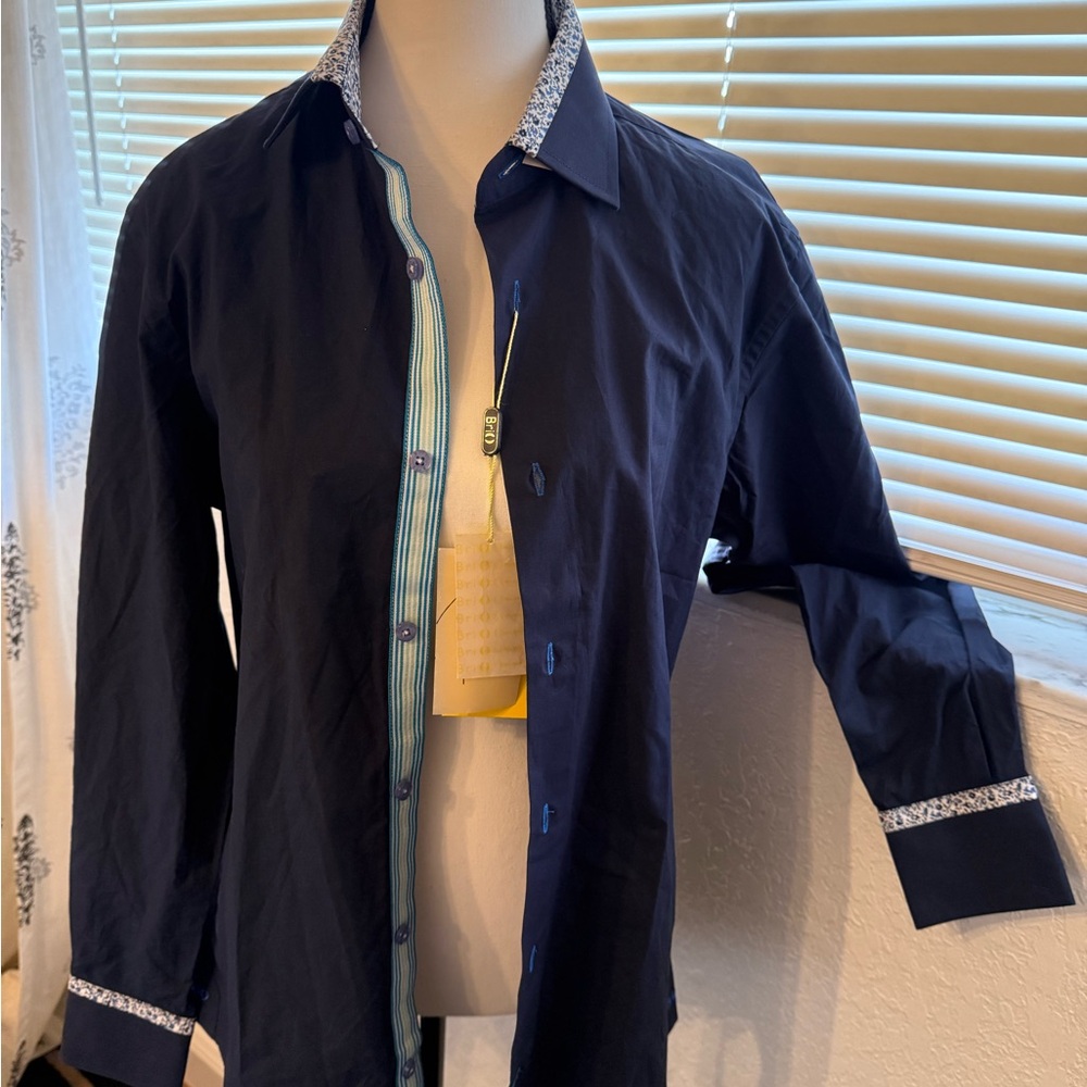 Men’s Brio Milano Navy Dress Shirt with Patterned Trim and cuffs size S